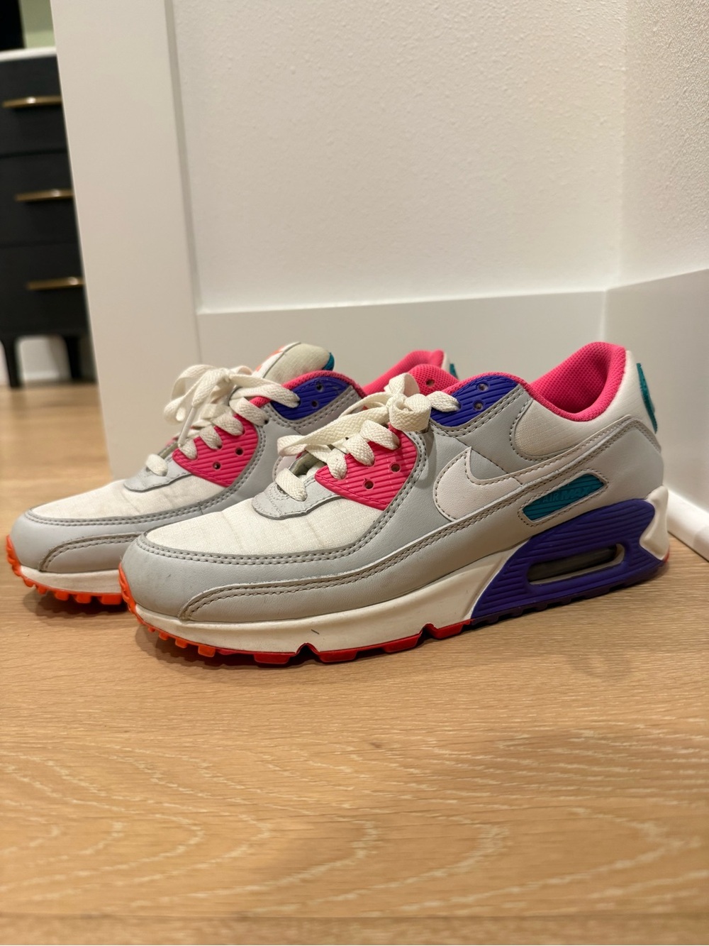 Nike Kids White Sneakers with Pink, Purple and Teal Accents